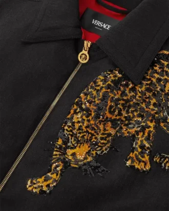 Chaqueta blusón de lana melange con estampado de leopardo Versace