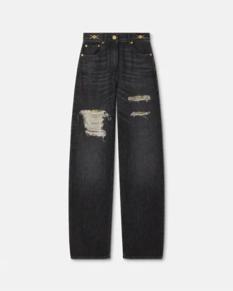 Jeans de corte recto con malla metálica