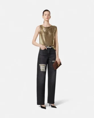 Jeans de corte recto con malla metálica