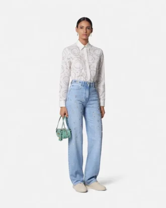 Jeans de corte regular y cintura alta con adornos
