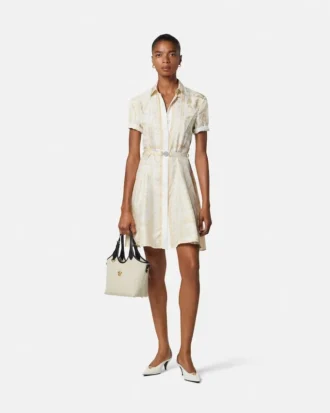 Mini vestido camisero de sarga de seda estampada