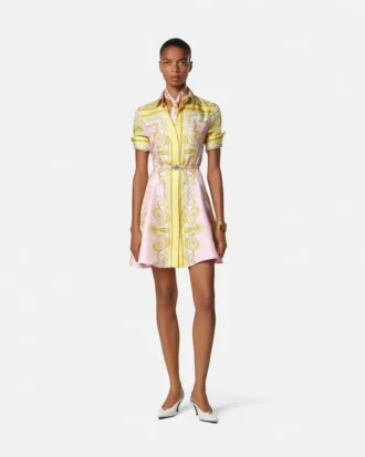 Mini vestido camisero de sarga de seda estampada