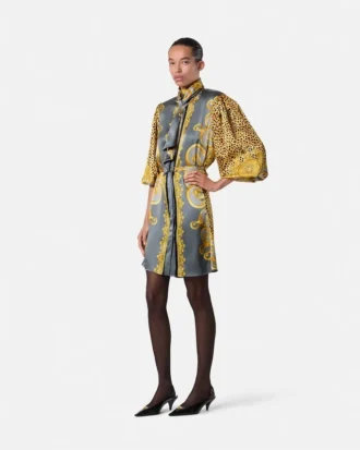 Mini vestido lavallière de seda con estampado de guepardo