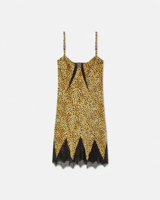 Mini vestido lencero de seda con estampado de guepardo