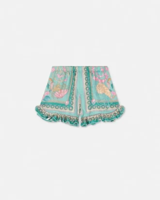 Pantalones cortos infantiles de seda con volantes y estampado Barocco submarino