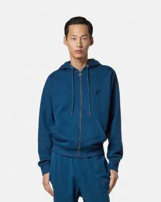 Sudadera con capucha y cremallera de jersey de algodón bordado