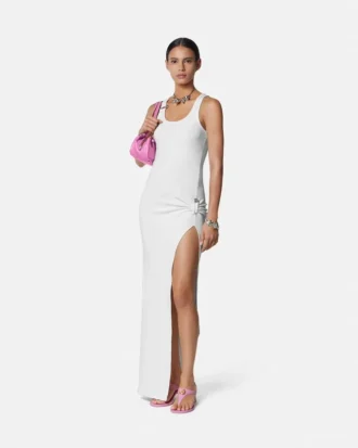 Vestido drapeado de punto acanalado con imperdible