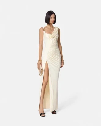Vestido largo drapeado de crepé satinado