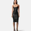 Vestido midi con corsé de piel
